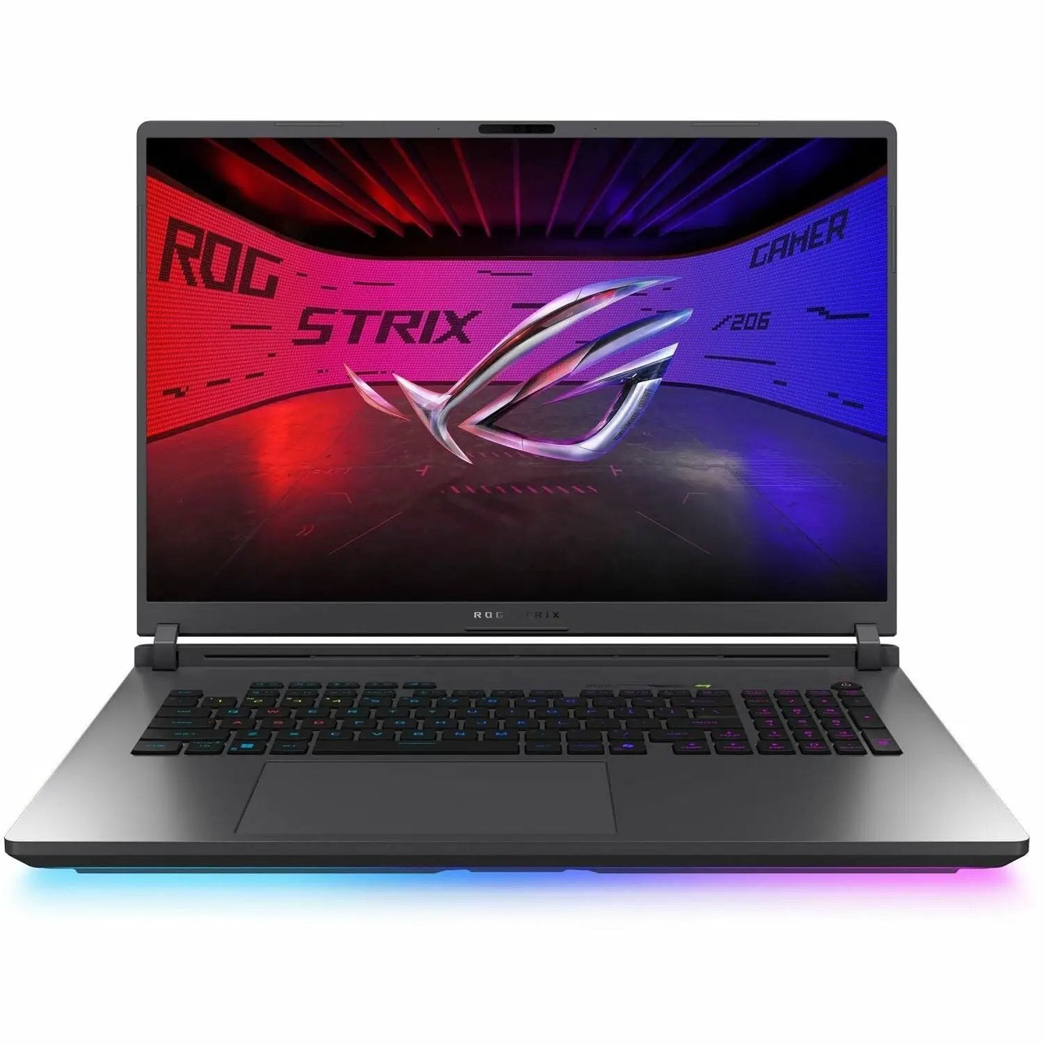 ASUS ROG G18 gaming laptop with 18-inch display and RGB keyboard lighting on a gray chassis