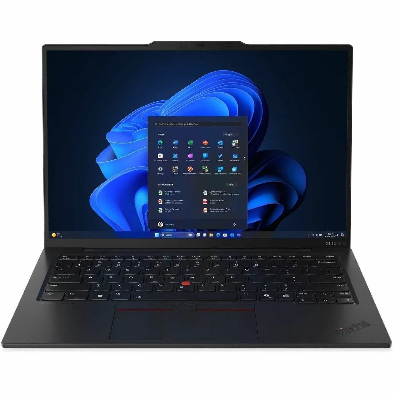 Lenovo ThinkPad X1 Carbon Ultrabook, black, open with Windows desktop on white background