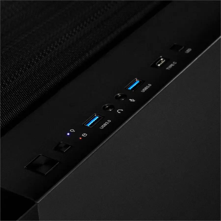 Cybertron CLX SET gaming mid-tower PC, black case with front I/O panel featuring USB 3.0 ports and audio jacks