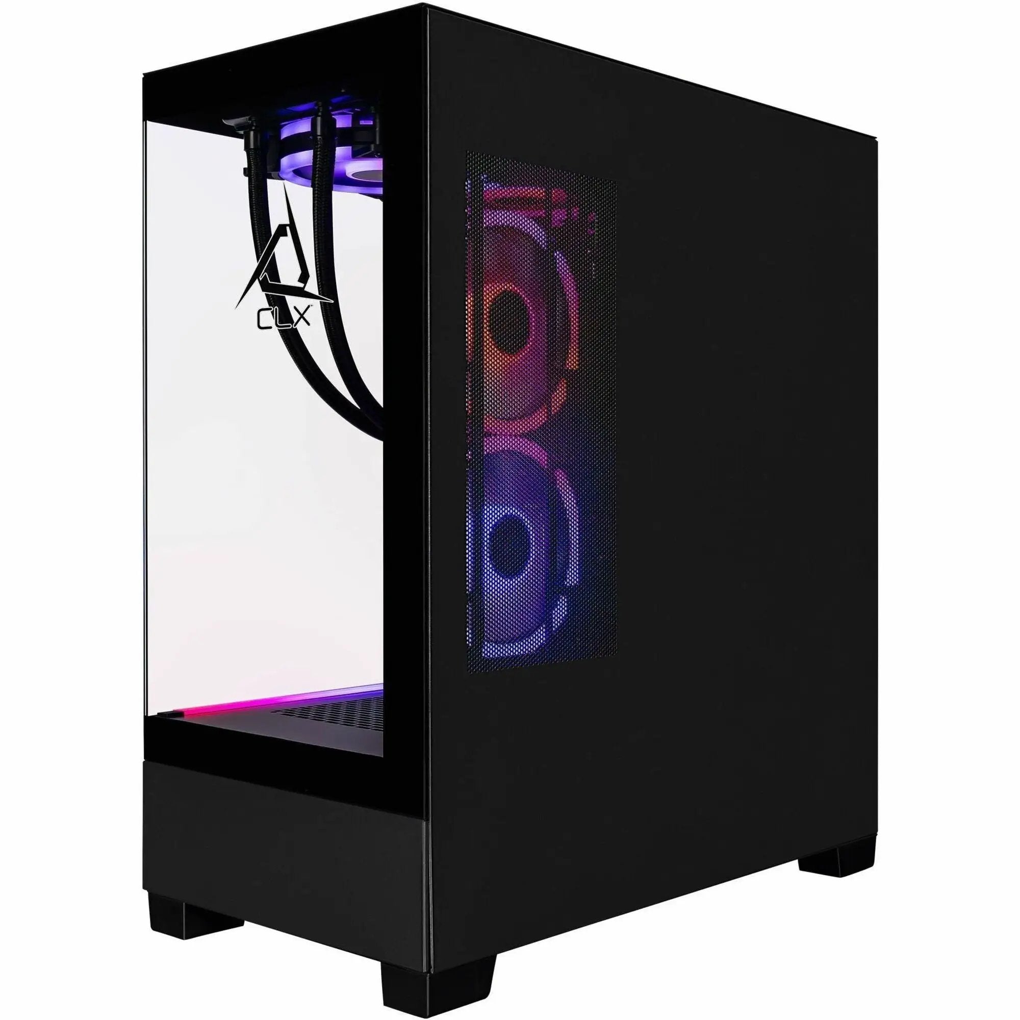 CLX SET Desktop Mid-Tower PC, black case with glass side panel, CLX logo, purple LED lighting, on white background