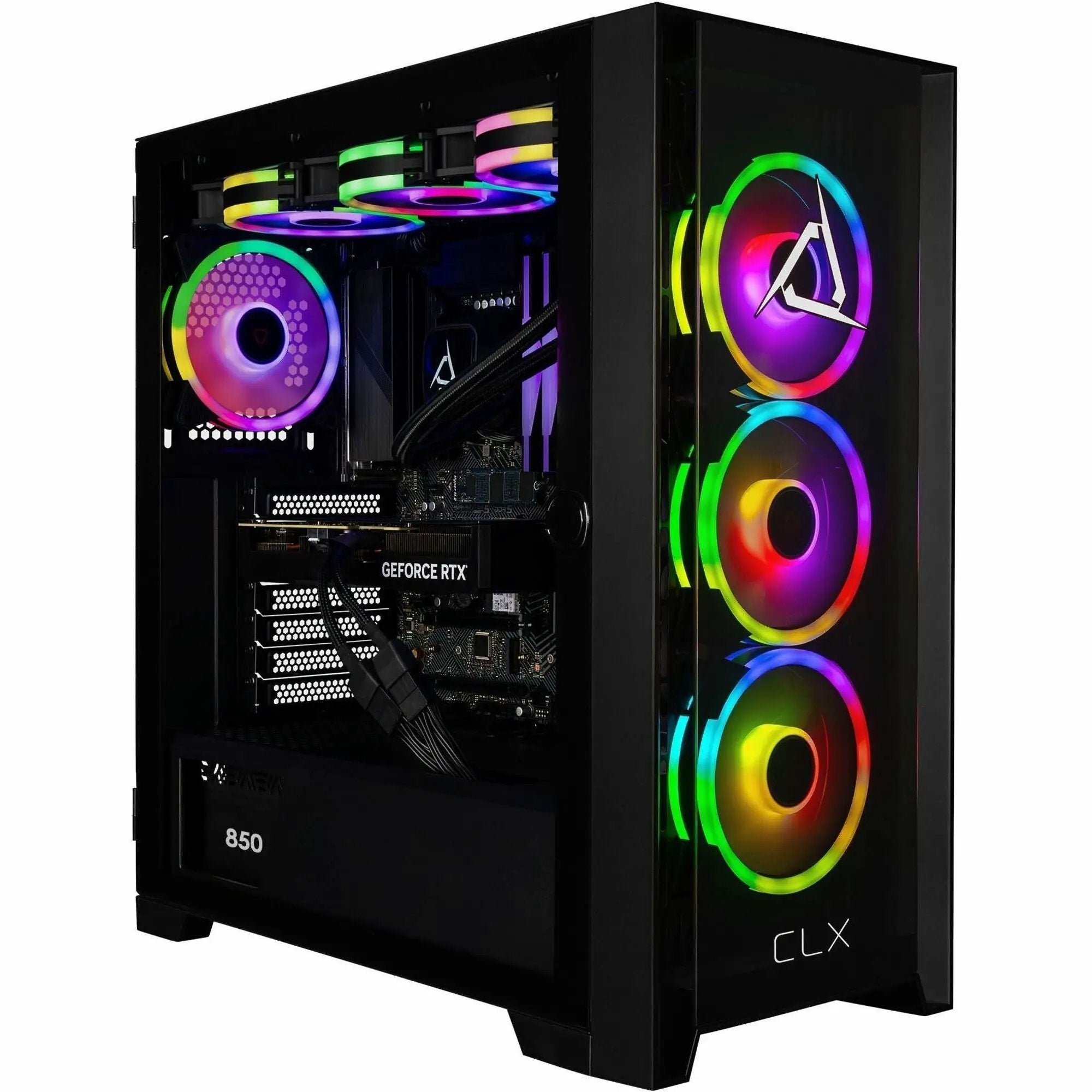 CLX SET Gaming Desktop PC with glass side panel and RGB-lit cooling fans.