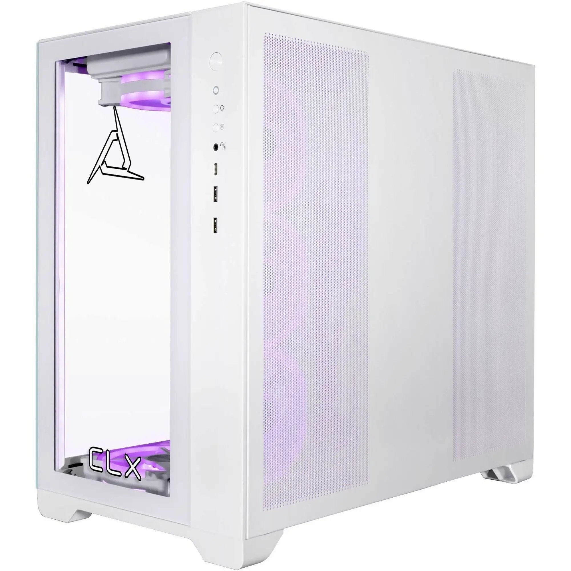 CLX SET Gaming Desktop mid-tower PC, white with purple LED lighting and perforated side panels