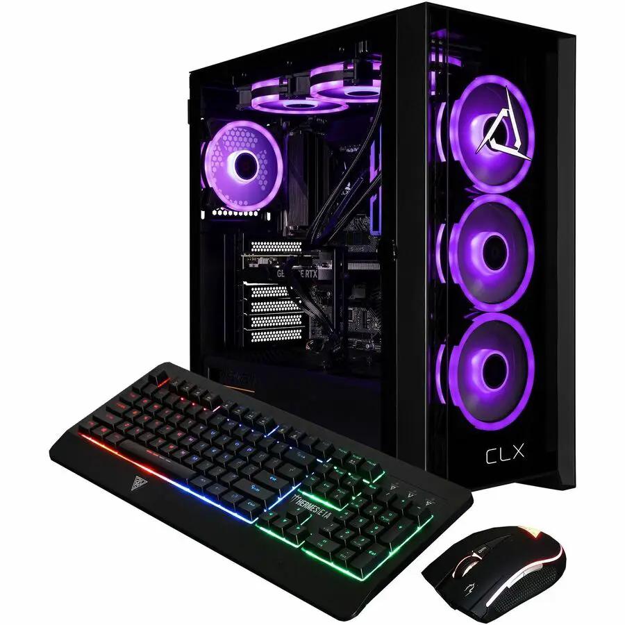 CLX SET Gaming Desktop 3-piece bundle: mid-tower PC, black case with purple RGB fans, keyboard and mouse
