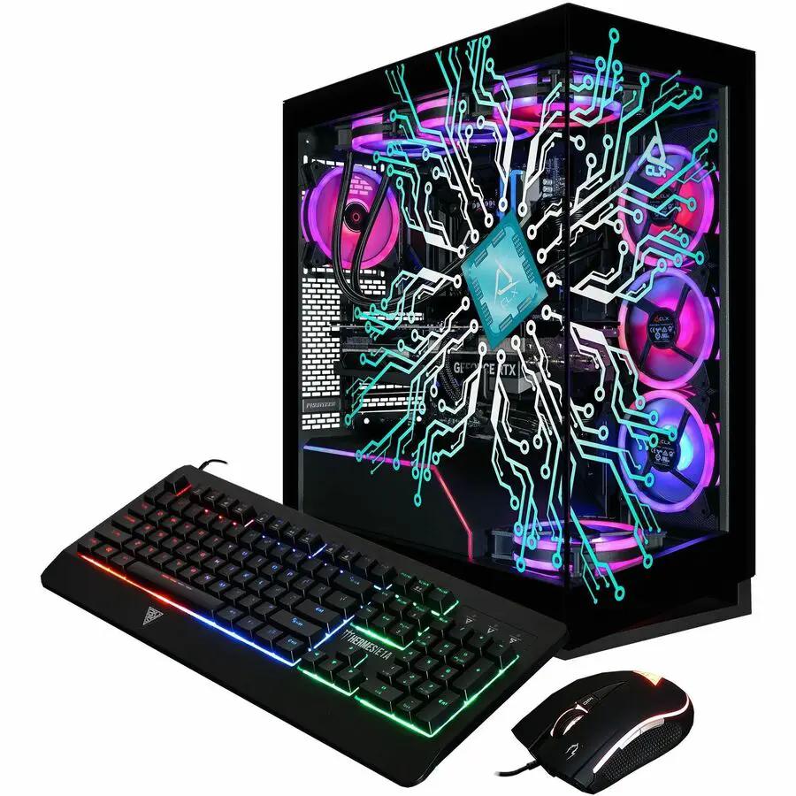CLX Horus Gaming PC with glass side panel, RGB fans, and included keyboard and mouse