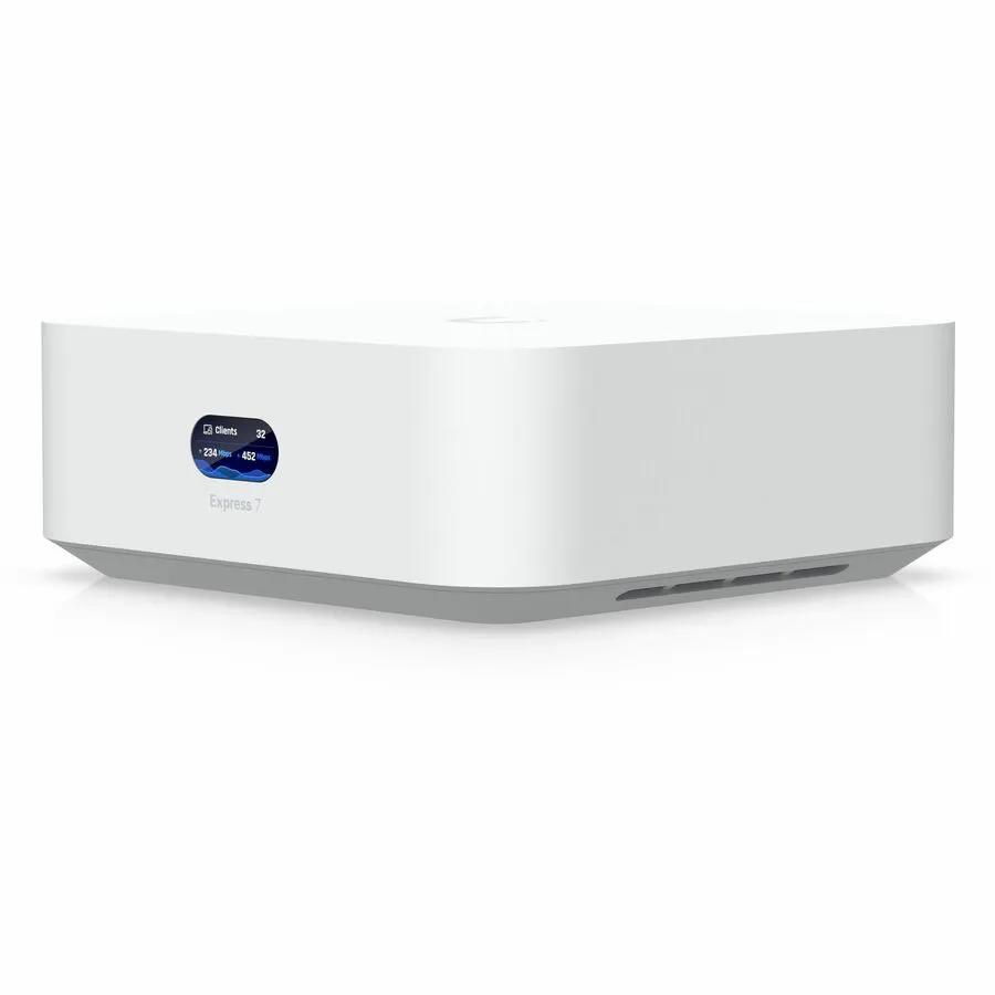 Ubiquiti UniFi Express7 10GbE managed gateway, white compact wireless router with gray base