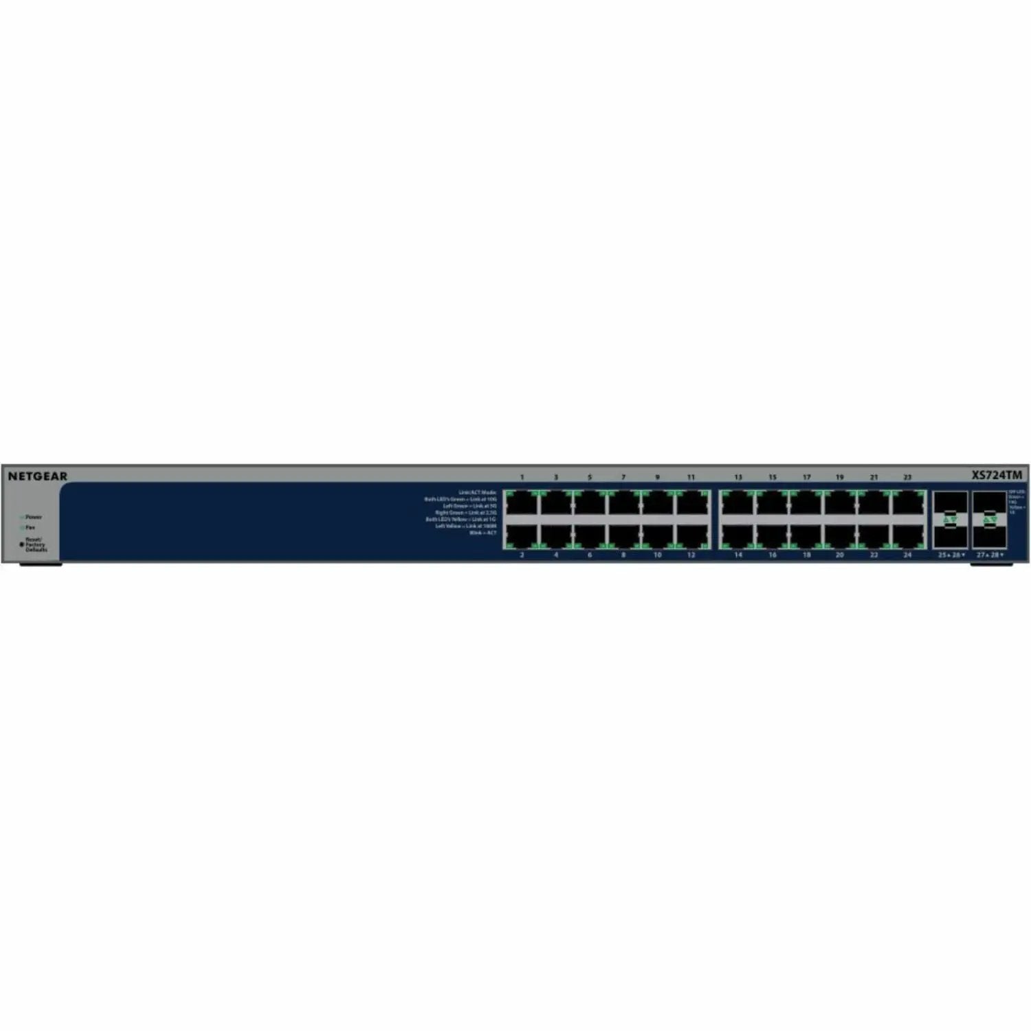 Netgear XS724TM 24-port smart switch front panel, blue rack-mountable enclosure.