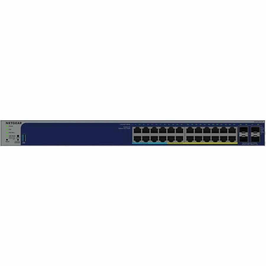 NETGEAR SWTH 24-Port Gigabit PoE+ SFP+ switch, blue front panel, front view