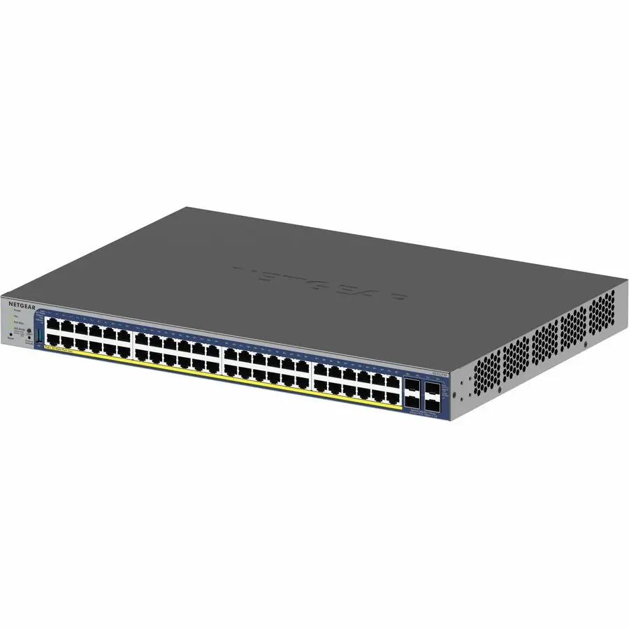 NETGEAR Smart SWTH 48-Port PoE++ SFP+ switch; gray metal chassis with blue front panel