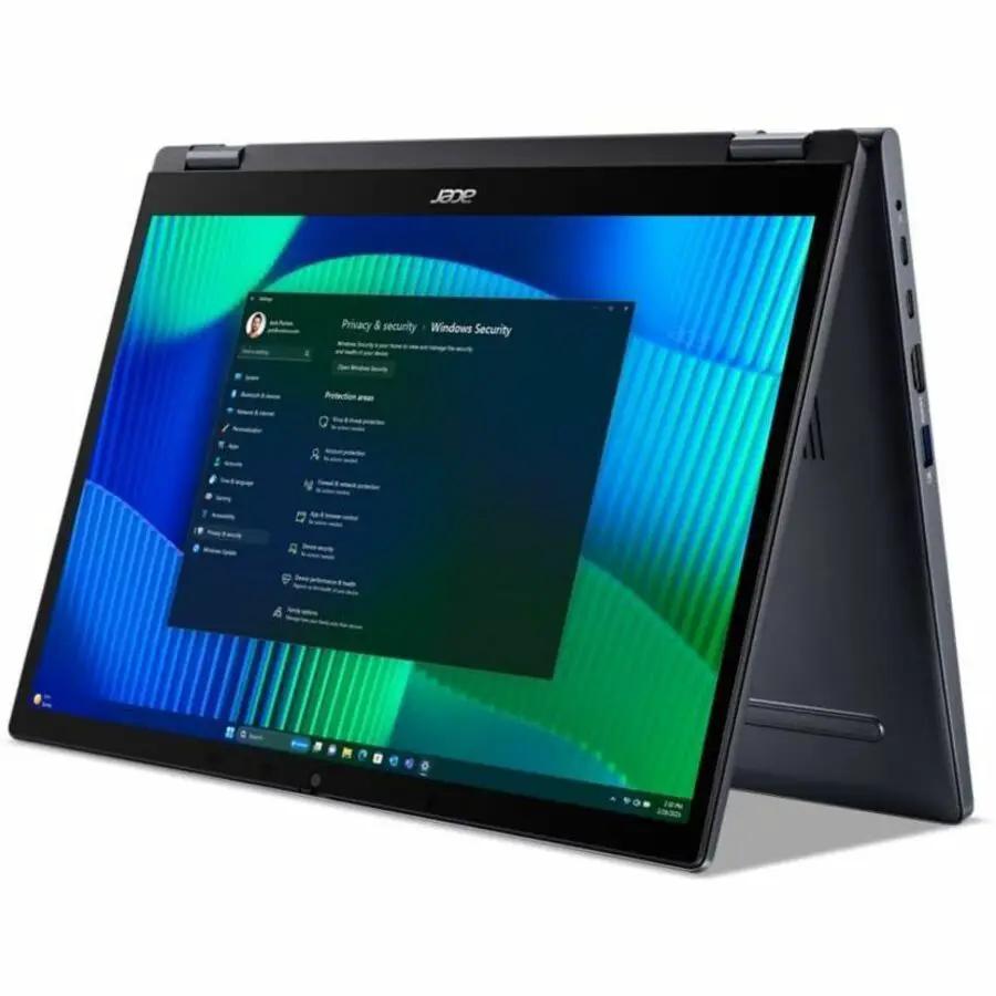 Acer TravelMate P4 Spin 14 2-in-1 laptop in blue, shown in tent mode with 14-inch touchscreen display