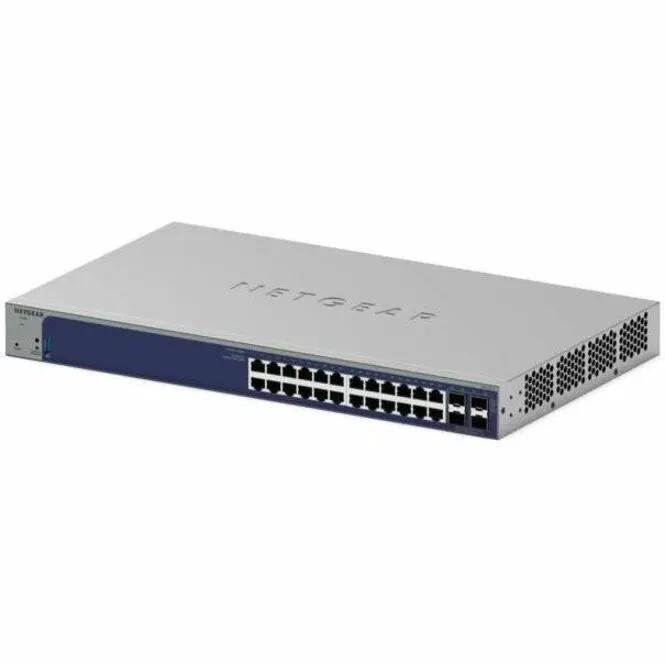 NETGEAR Smart SWTH 24-Port Gigabit SFP+ managed switch; gray metal chassis with blue front panel.