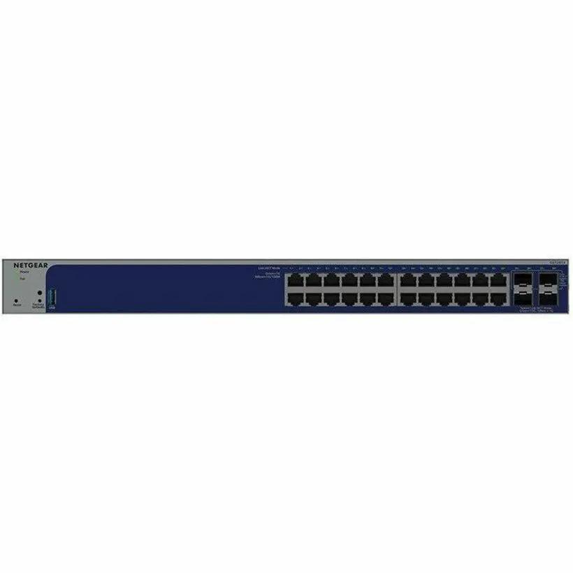 Netgear Smart SWTH 24-Port Gigabit SFP+ managed switch with 24 RJ-45 ports and SFP uplinks, blue metal chassis