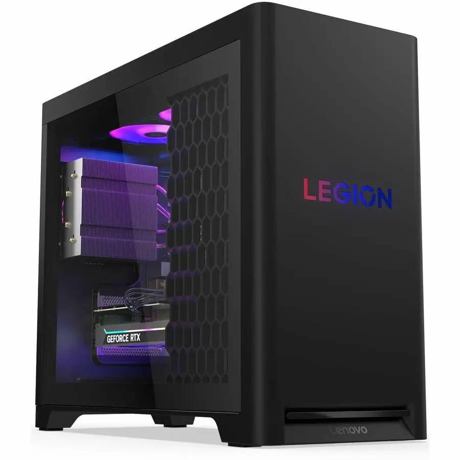 Lenovo Legion T5 gaming desktop with glass side panel, GeForce RTX GPU, purple RGB lighting.