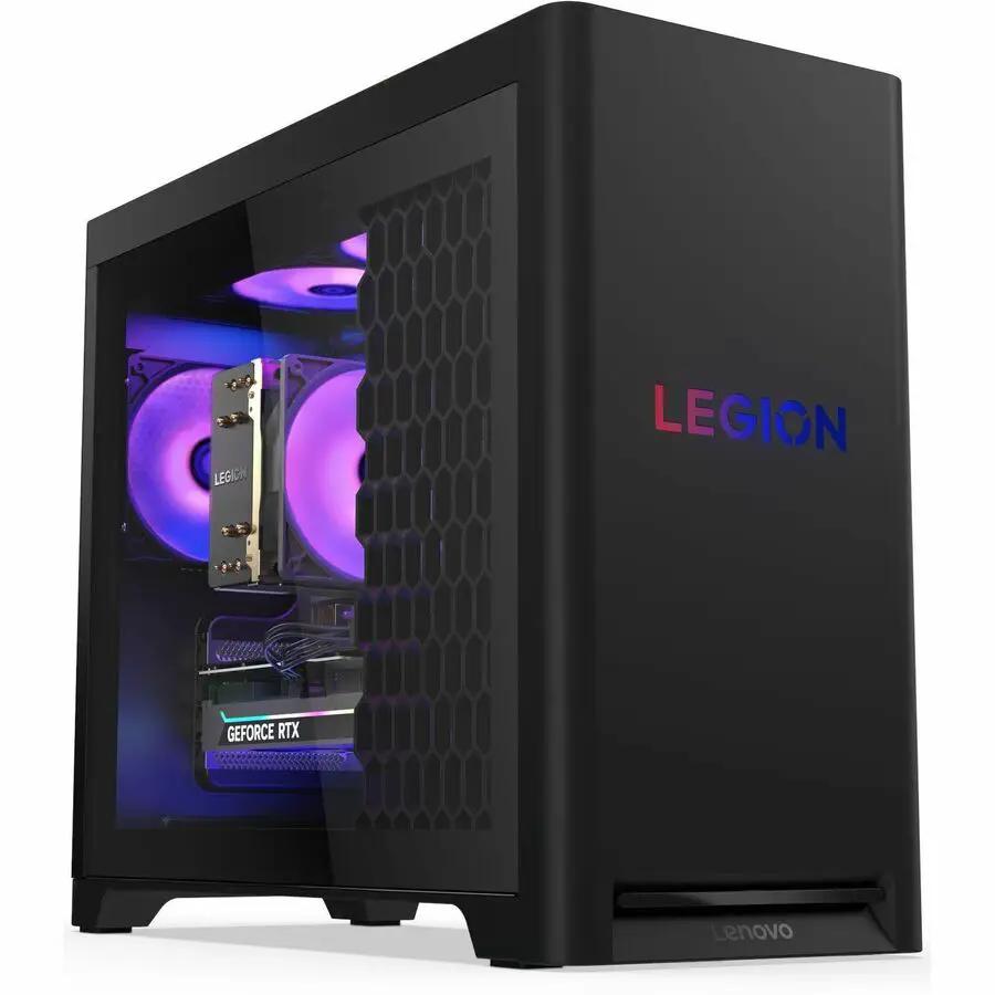 Lenovo Legion T5 desktop computer with glass side panel, RGB-lit fans, and GeForce RTX GPU