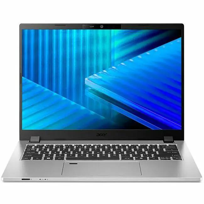 Acer TravelMate P2 laptop, silver, open with keyboard visible.