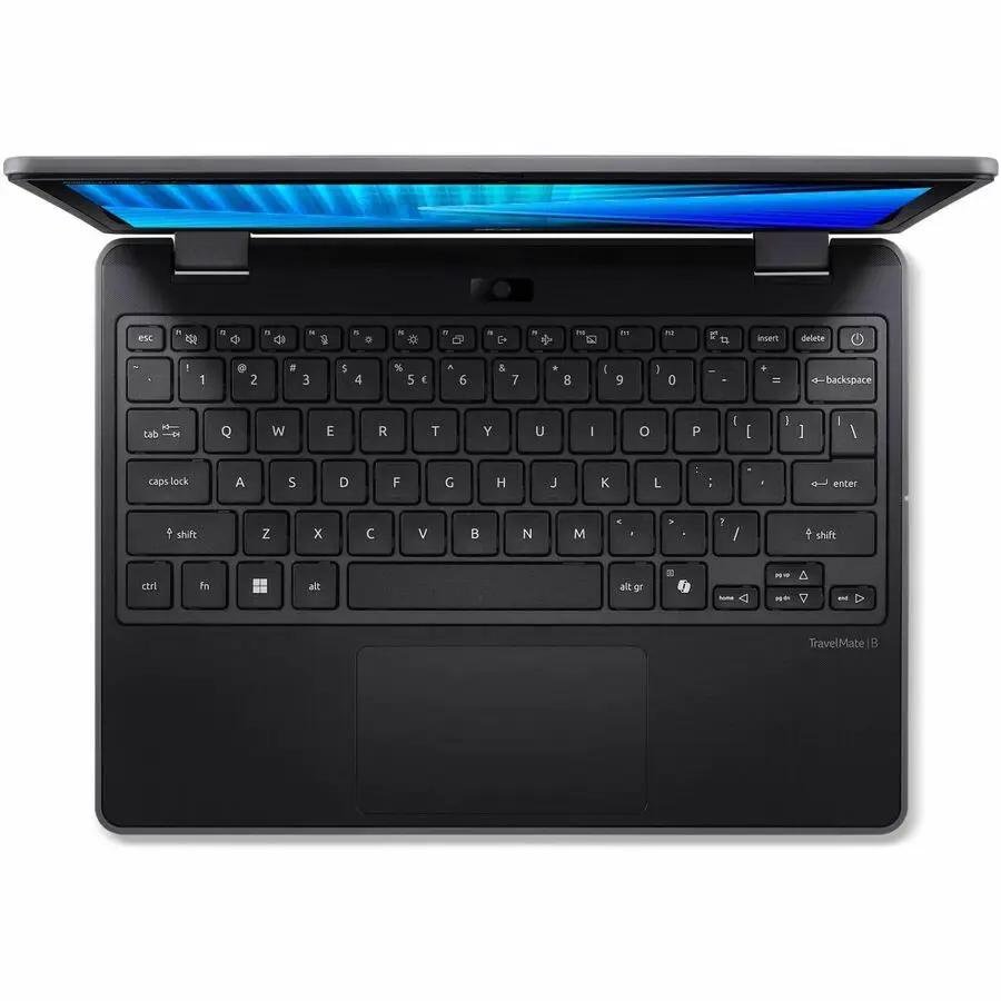 Acer TravelMate B3 Spin 12 notebook, black, top-down view with keyboard and touchpad.