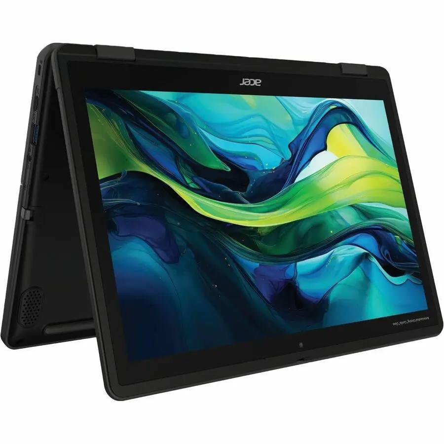 Acer TravelMate B3 Spin 12 notebook in tent mode, black.
