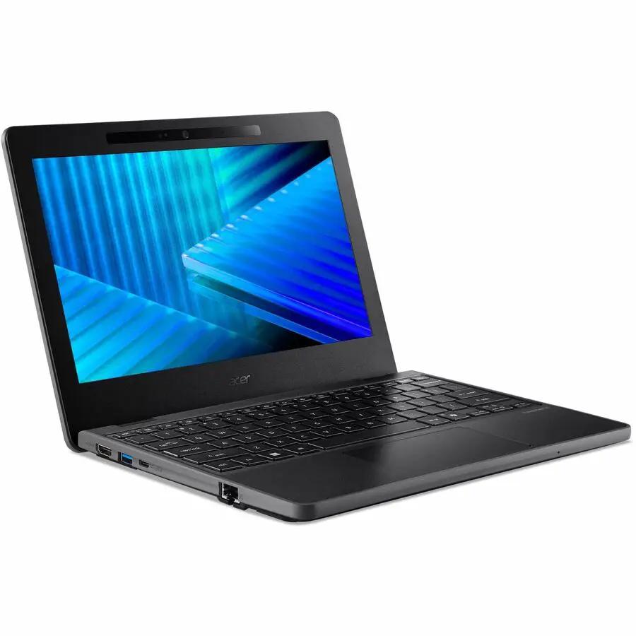 Acer TravelMate B3 11.6-inch touchscreen laptop, black, 8GB RAM, open on white background.