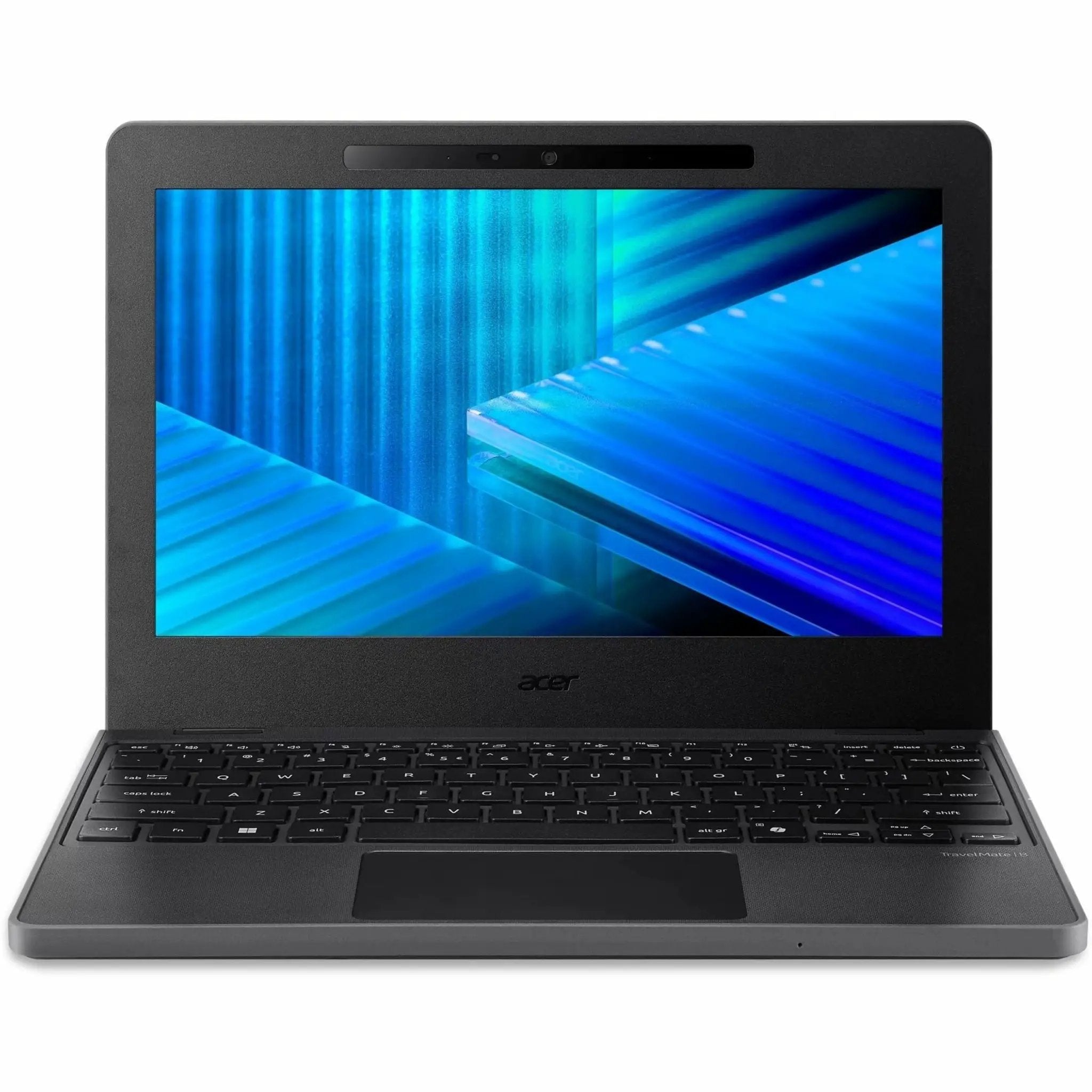 Acer TravelMate B3 11 laptop, black, 11.6-inch touchscreen.
