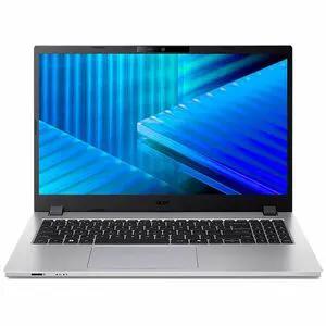 Acer TravelMate laptop, silver, 15.6-inch display, open with keyboard visible.