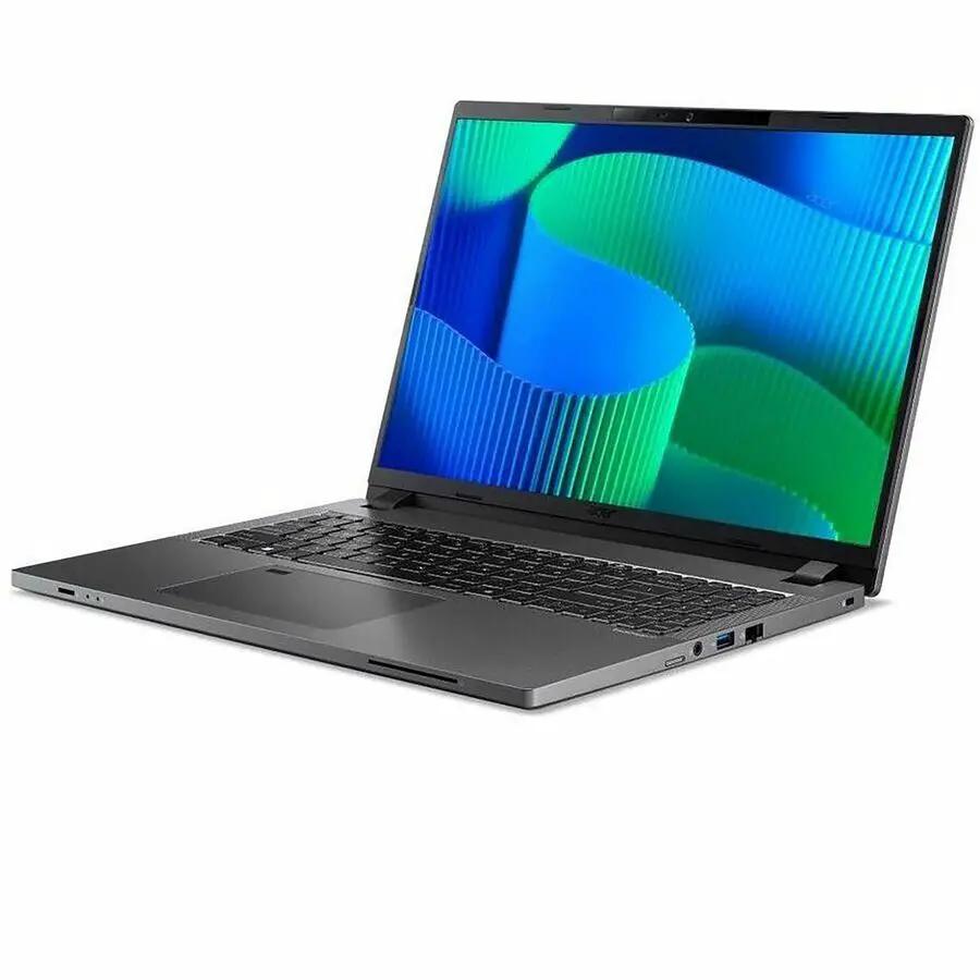 Acer TravelMate P2 notebook, silver, open with keyboard visible on white background
