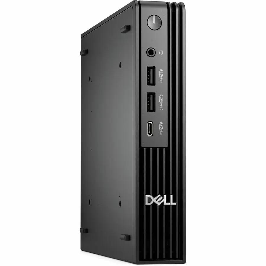 Dell Pro Micro Plus QBM1250 desktop, black, front I/O panel with power button, USB ports, audio jack, Dell logo.