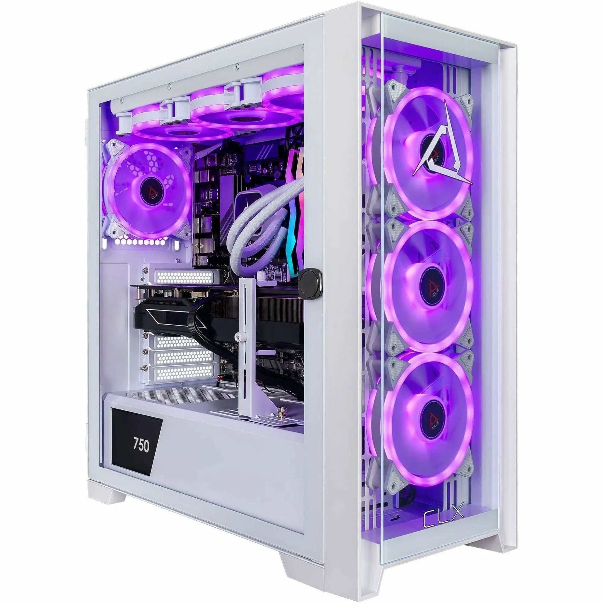 CLX Set PC gaming desktop in white case with purple RGB fans