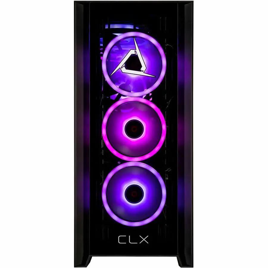 CLX SET gaming PC with RGB-lit triple fans in a black case; CLX logo visible