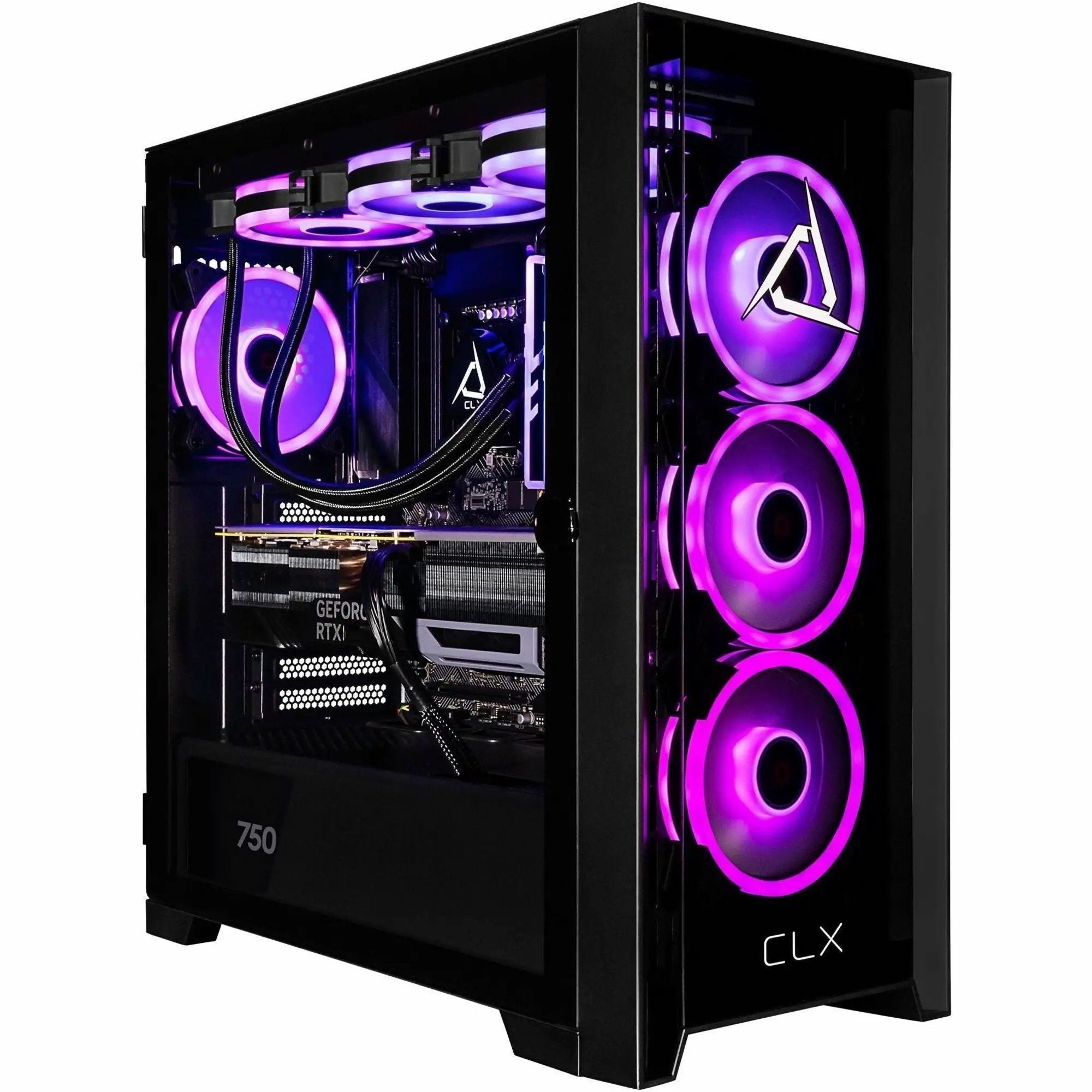 CLX SET R7 RTX 5070 gaming desktop with glass side panel and purple RGB fans