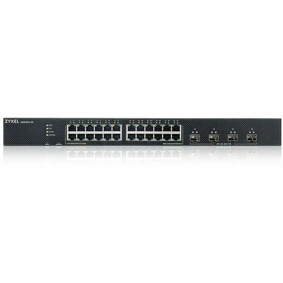 Zyxel Nebula Flex 24-Port GbE SFP+ managed switch, front view, black metal chassis