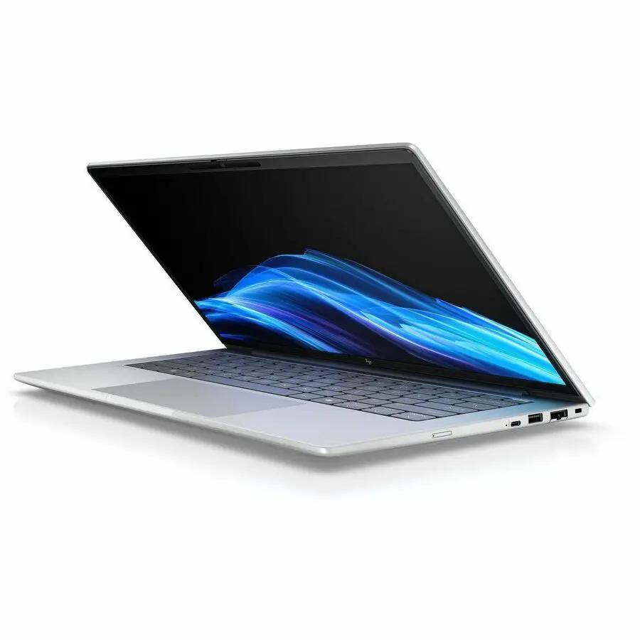 HP EliteBook 8 14-Inch Notebook in silver, open laptop with blue wallpaper
