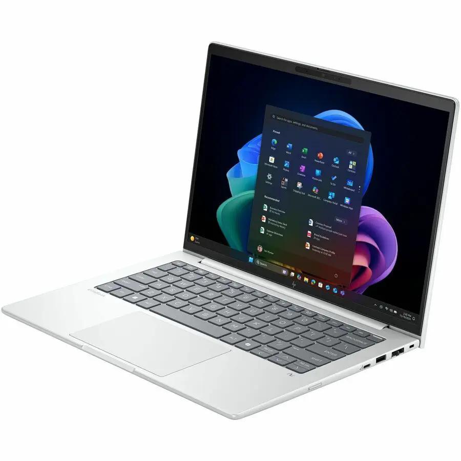 HP EliteBook 8 Notebook, glacier silver aluminum, open on white surface with Windows desktop.