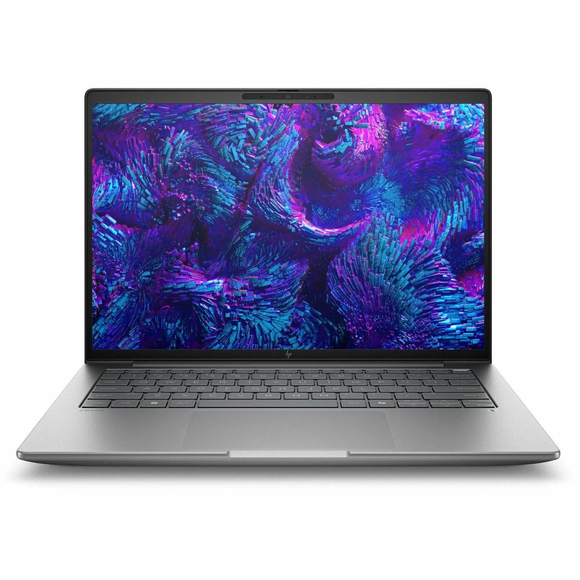 HP ZBook 14 laptop, silver aluminum chassis, open on white background