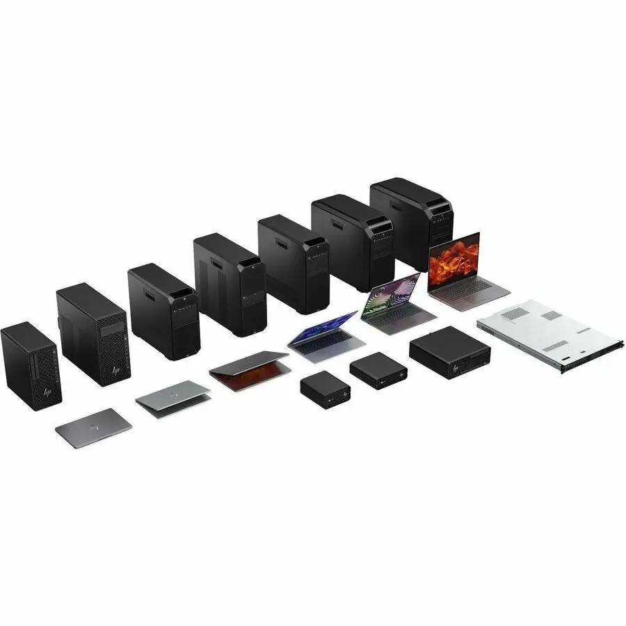 HP ZBook 16 G1 laptop lineup with black HP desktop towers and peripherals