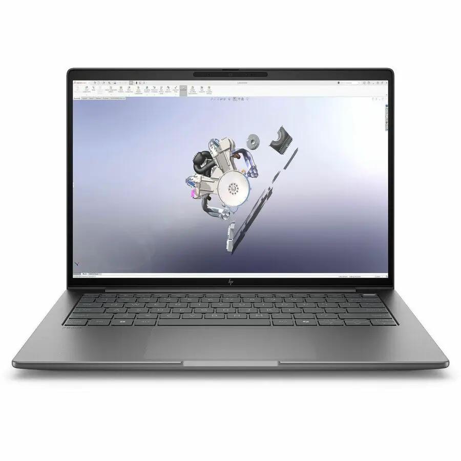 HP ZBook 14 laptop, silver metal chassis, open with keyboard visible.