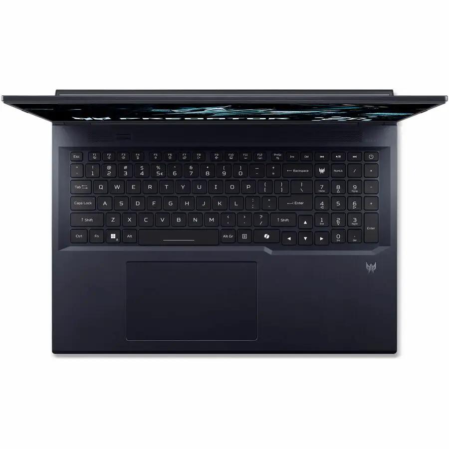 Predator Helios Neo 16 AI gaming laptop, top-down view shows black keyboard and touchpad with Predator logo on palm rest.