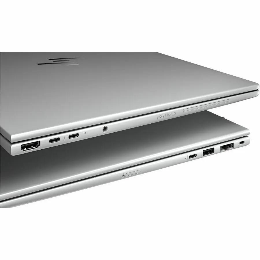 HP EliteBook 8 laptops in silver, stacked, with HDMI, USB-C and USB-A ports