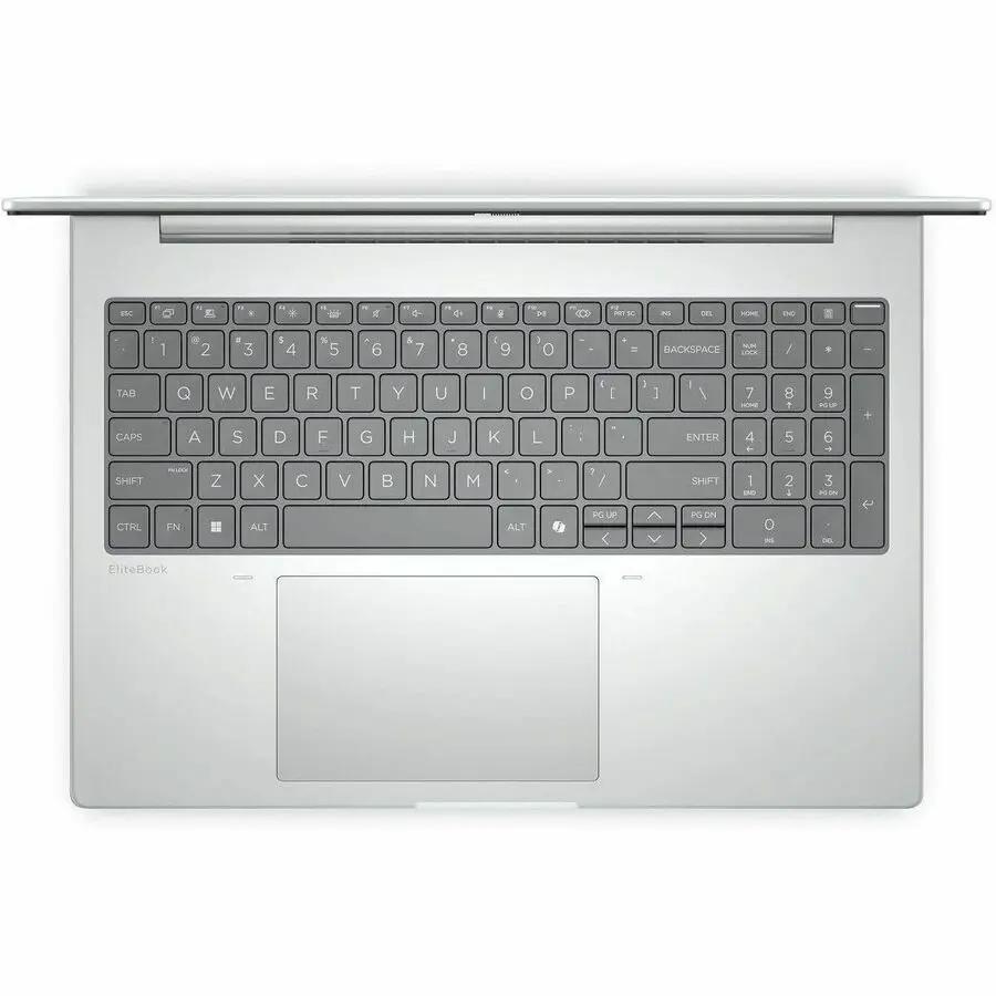 HP EliteBook laptop in silver finish, top-down view of the keyboard.
