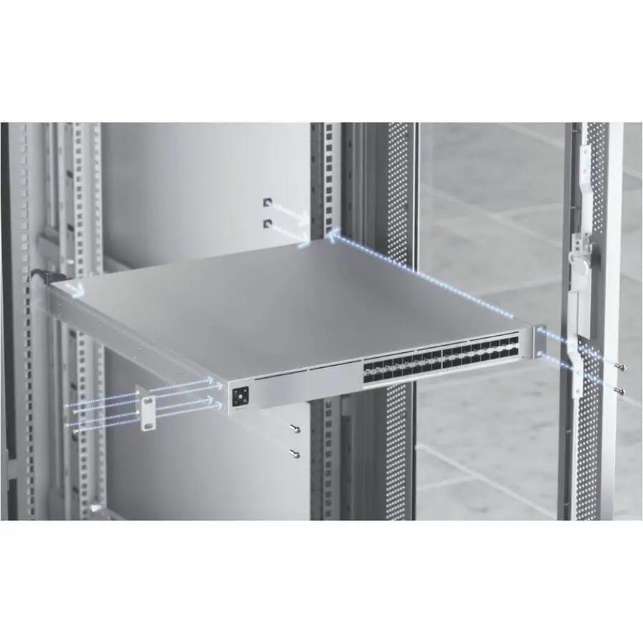 Ubiquiti Pro XG Aggregation 32-Port SFP managed switch mounted in a 19-inch rack