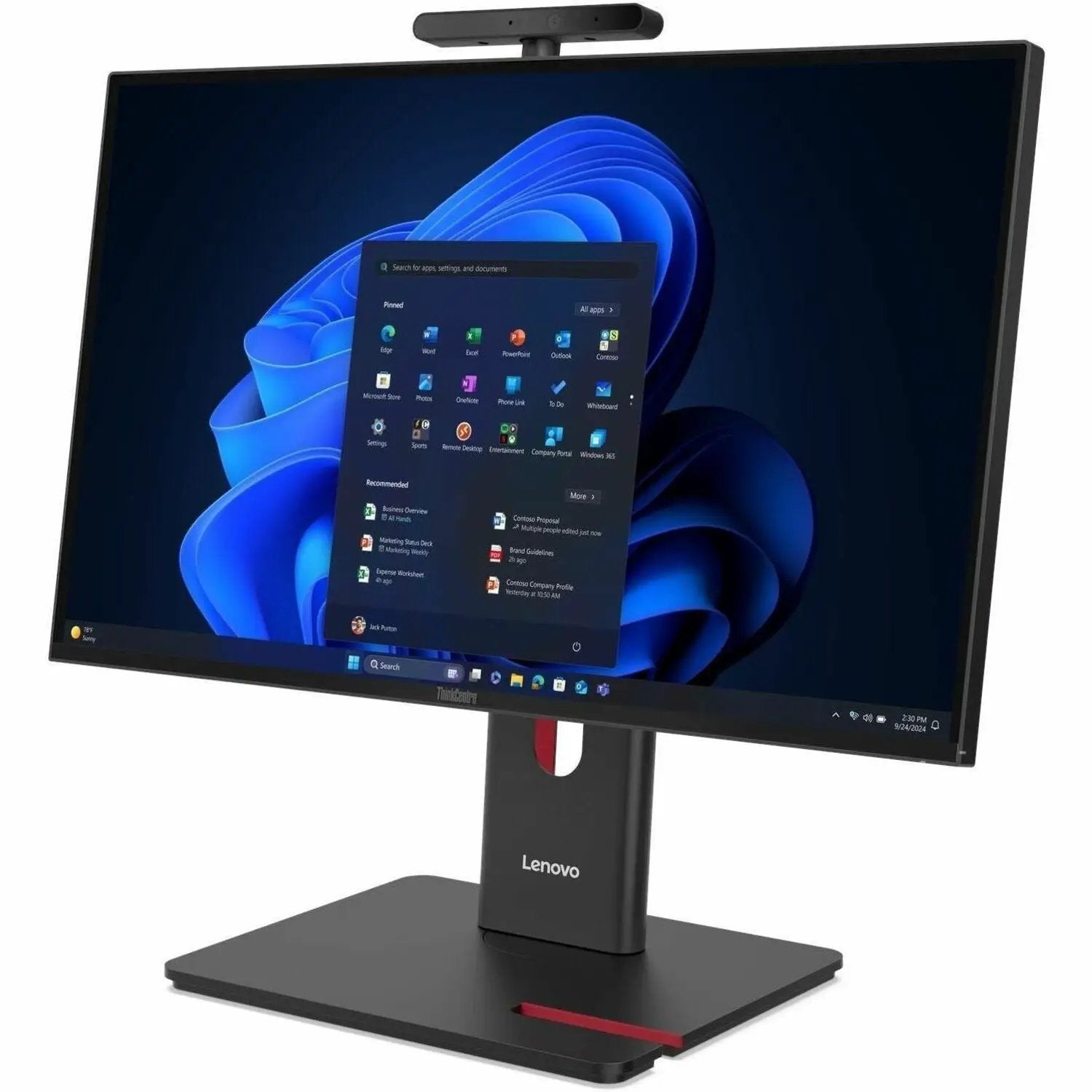 Lenovo ThinkCentre M90a Gen 6 desktop computer on a black monitor stand with Lenovo logo