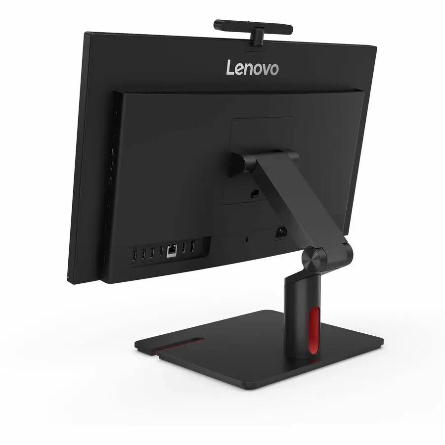 Lenovo ThinkCentre M90a Gen 6 all-in-one desktop with black finish and red-accented stand.