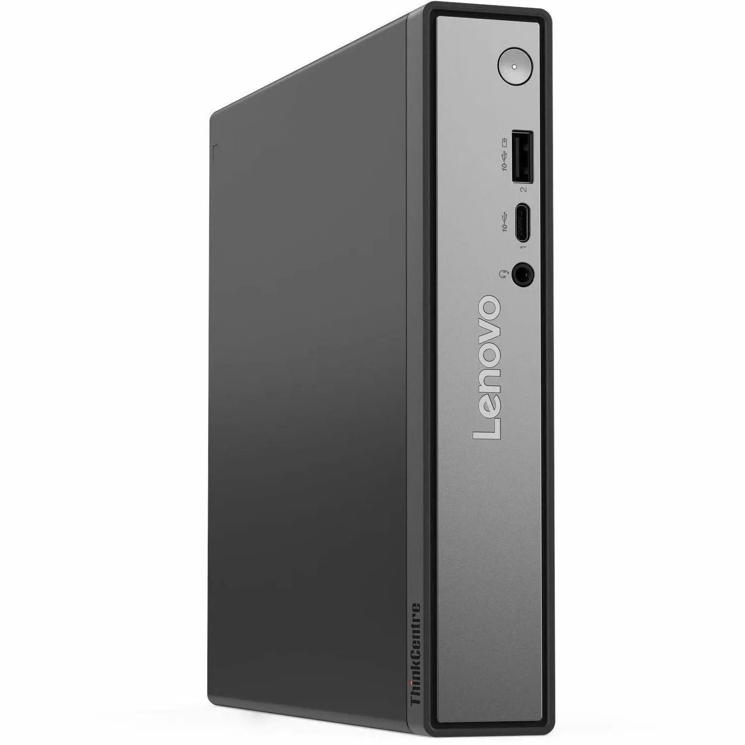 Lenovo ThinkCentre Neo 50q Mini PC, black chassis with silver front panel and front USB ports