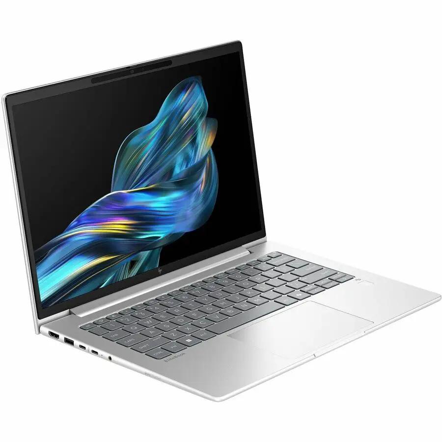 HP EliteBook notebook on white background, silver laptop.