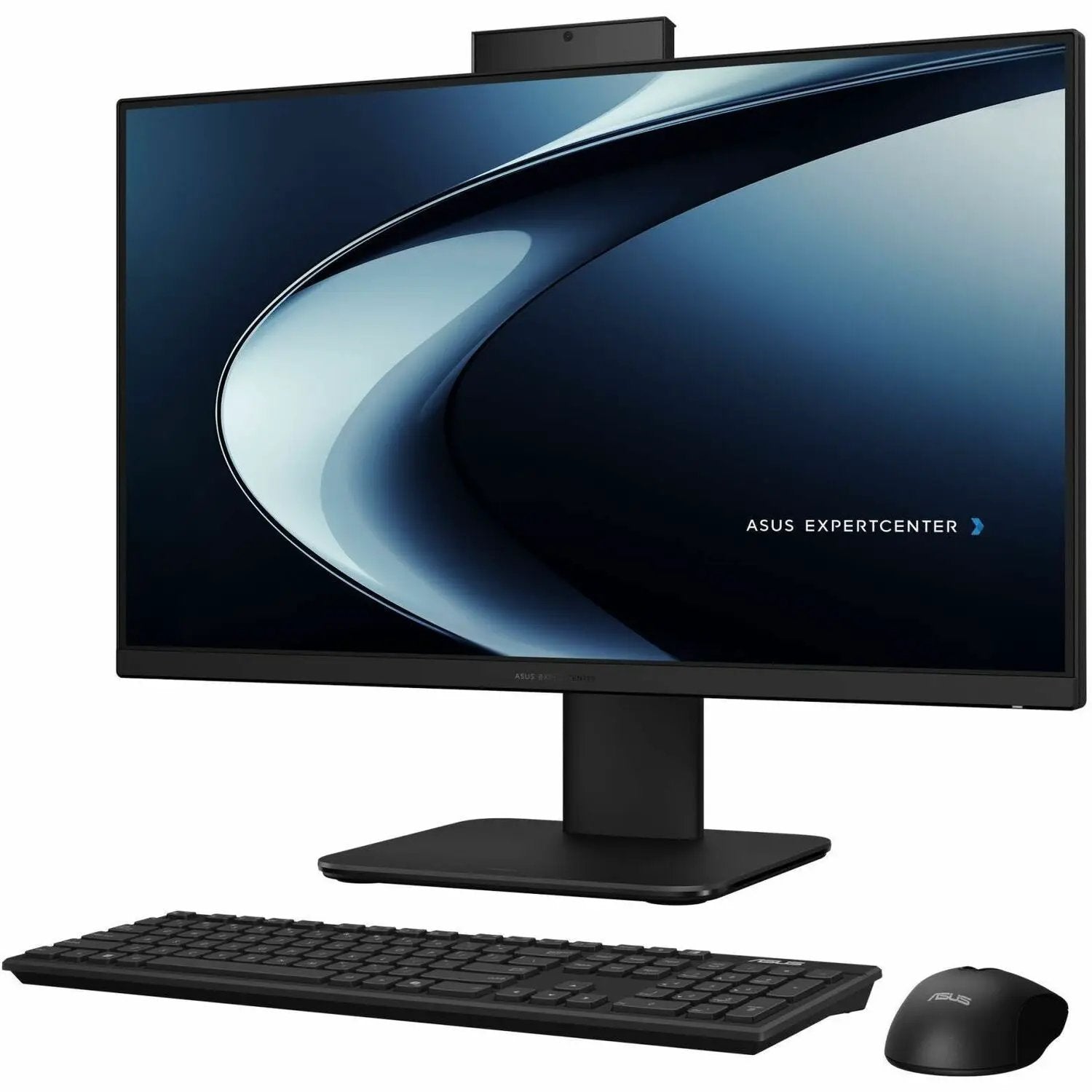 ASUS Expert Center AIO PC on stand with keyboard and mouse; 23.8-inch FHD display, black finish