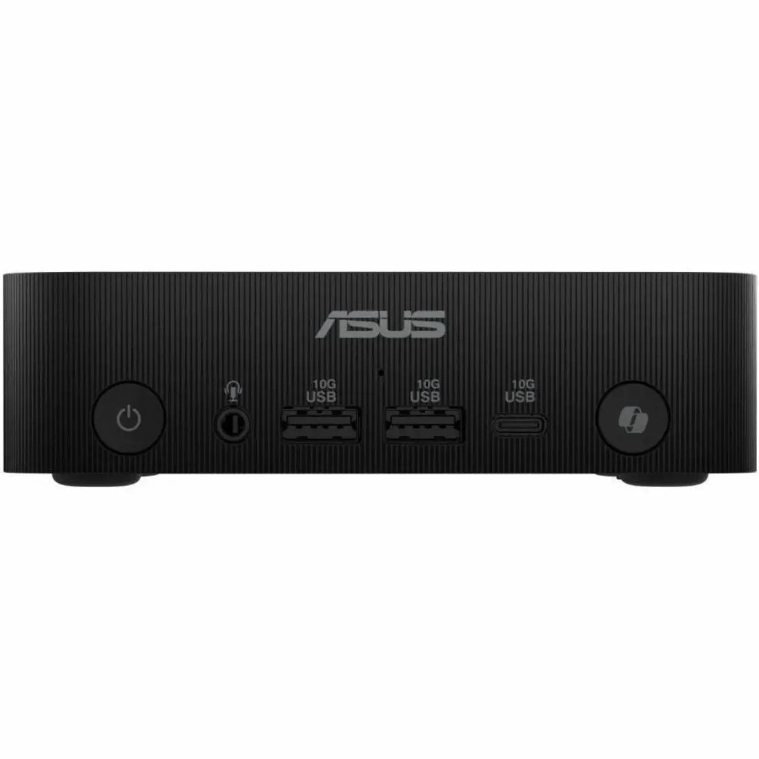 ASUS ExpertCenter PN54 Mini PC, black front view with power button and two USB-A ports plus a USB-C port.