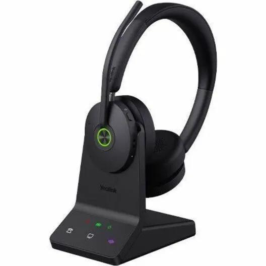 Yealink WH68 Teams wireless headset with base station, black with green ring.
