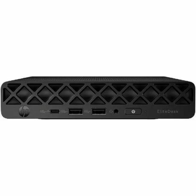 HP EliteDesk 8 Mini G1i Desktop, black mini PC front panel with USB-C, USB-A ports and power button