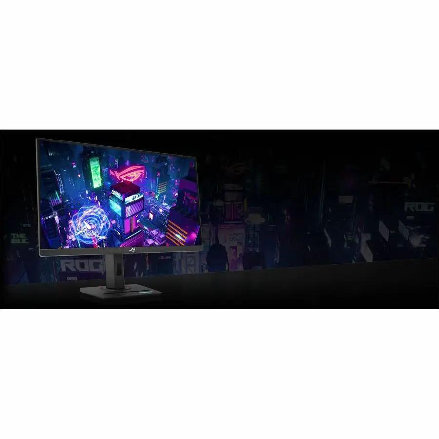 ASUS ROG Strix XG32UCG 32-inch 4K UHD gaming monitor in black, displayed against neon city backdrop
