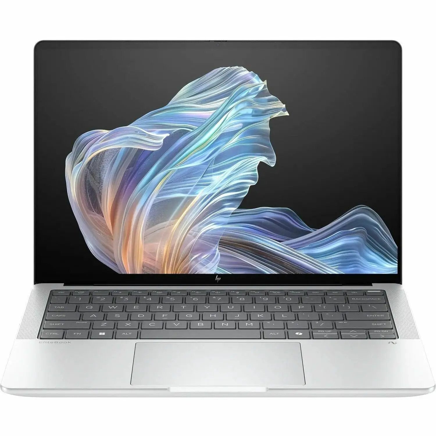 HP EliteBook 14 AI laptop, silver aluminum chassis with dark keyboard and 14-inch display