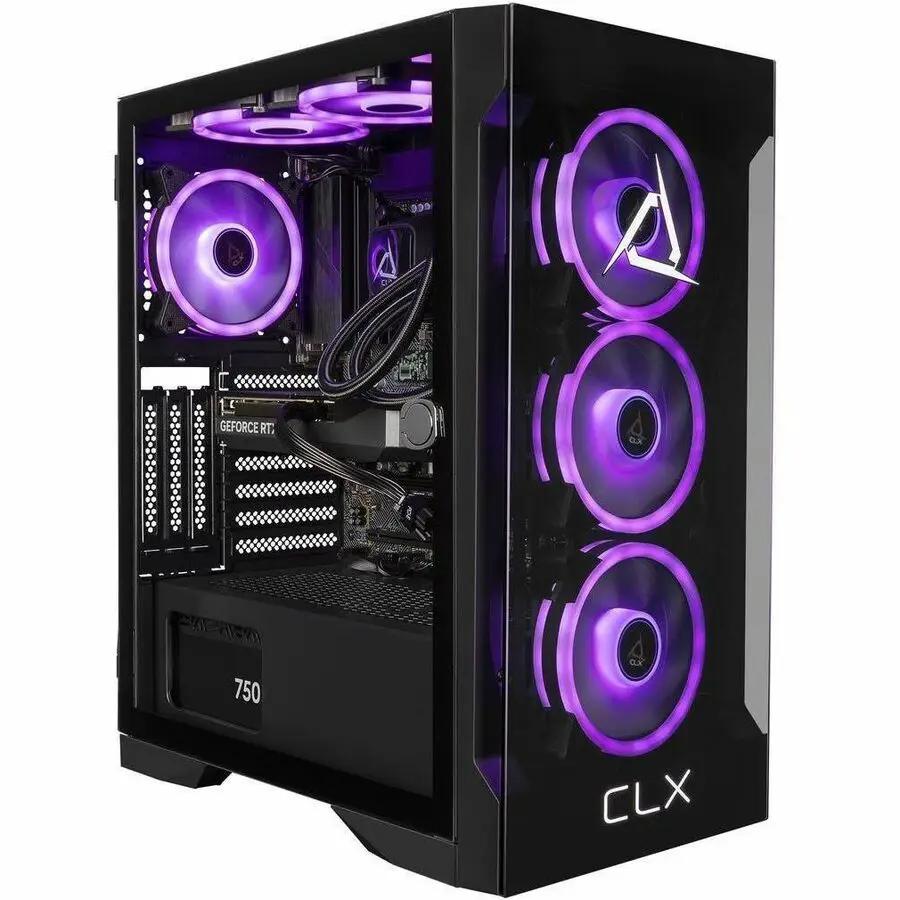 CLX SET Gaming Desktop with black case, glass side panel and purple RGB fans