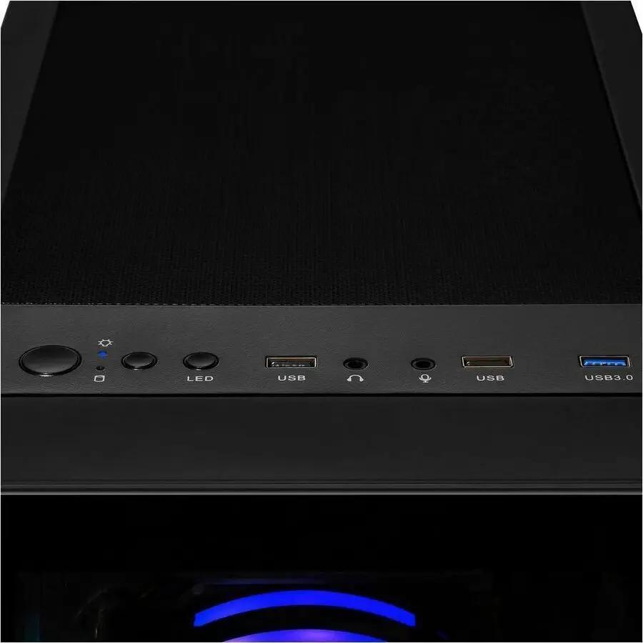 Cybertron CLX SET Desktop computer front panel in black with USB ports, audio jacks, and power button.